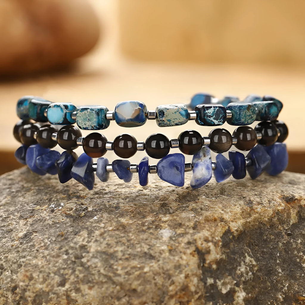 Blue hand-woven multi-layer bracelet with crushed Fang Hui stone and gold obsidian geometric design