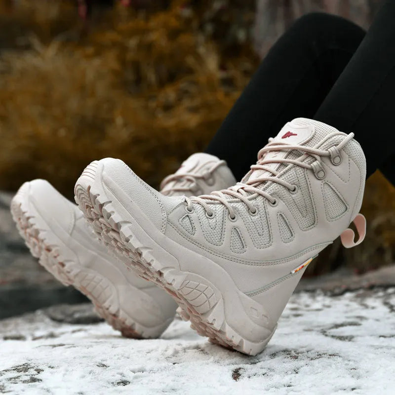 Men's beige cowhide leather hi-top hiking shoes with a platform sole on a neutral background.