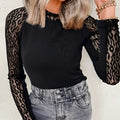Black leopard print mesh stitching knitted long-sleeved top for women