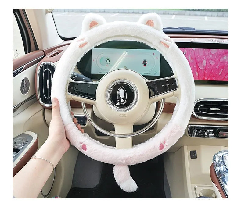 Plush thermal car steering wheel cover with rabbit fur embroidered cartoon design, 38cm diameter