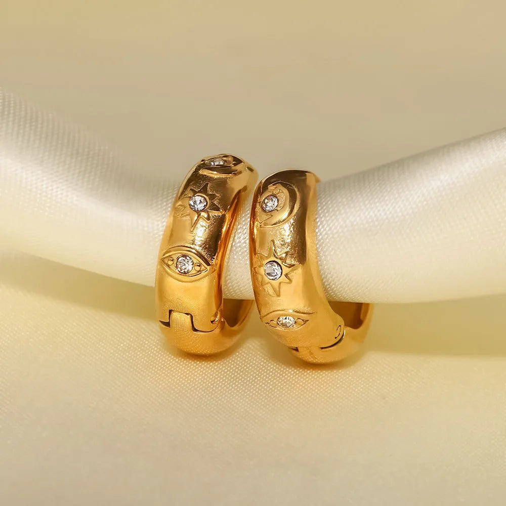 18K gold-plated stainless steel hoop earrings with devil's eye and cubic zirconia diamond inlay, geometric note shape