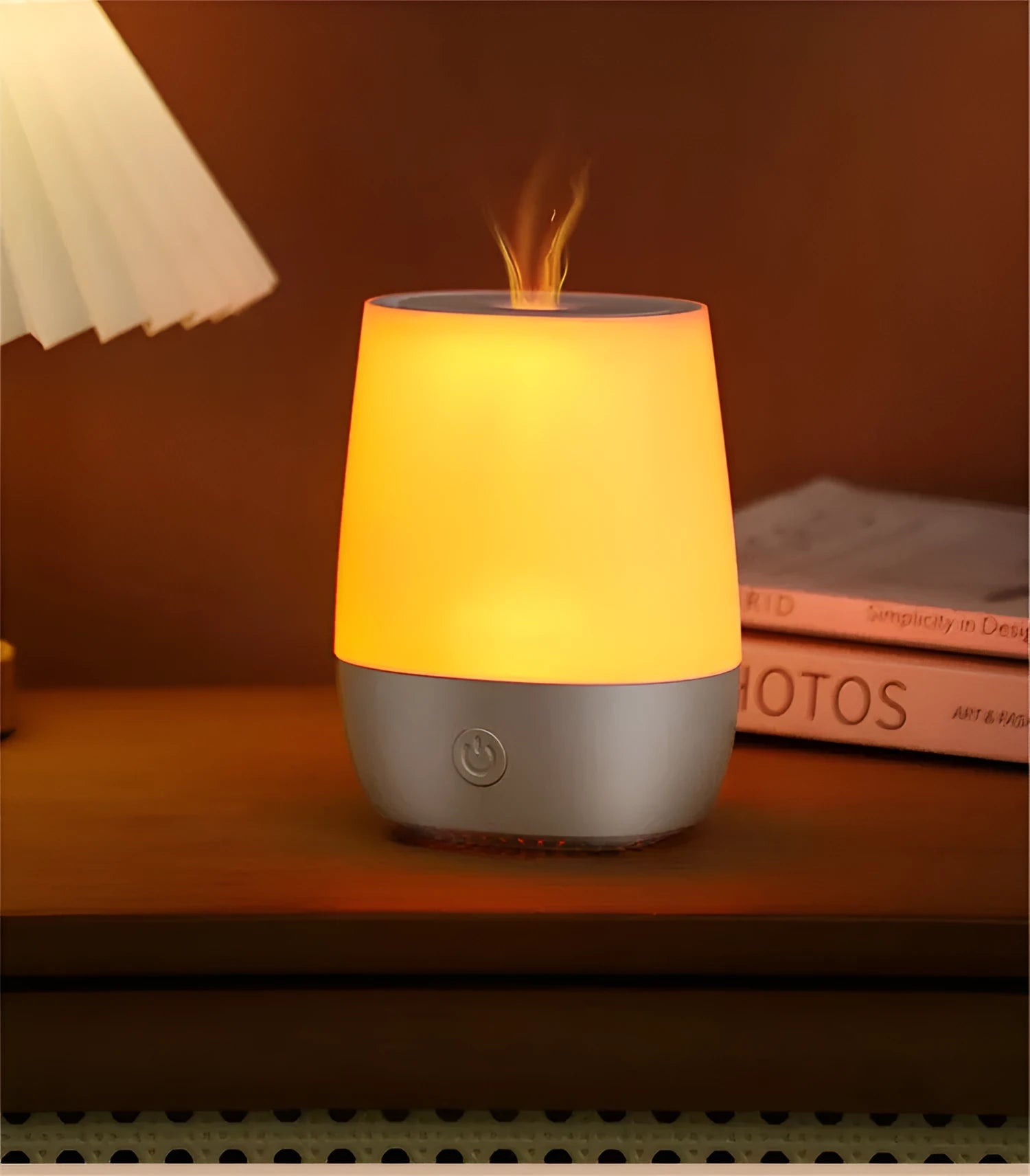 White USB aroma diffuser with flame simulation effect showing water tank and Type-C port