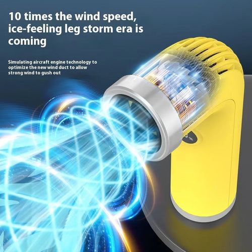 A compact apricot, pink, or yellow bladeless turbine fan on a desk.