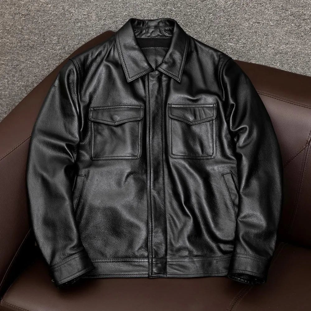 Men's black plus size PU leather jacket with lapel collar and side pockets