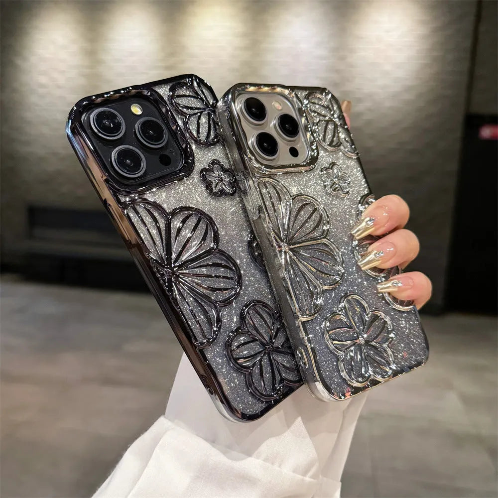 Electroplating glitter flower TPU soft shell phone case for Apple iPhone with silver pink blue black gold purple colour options
