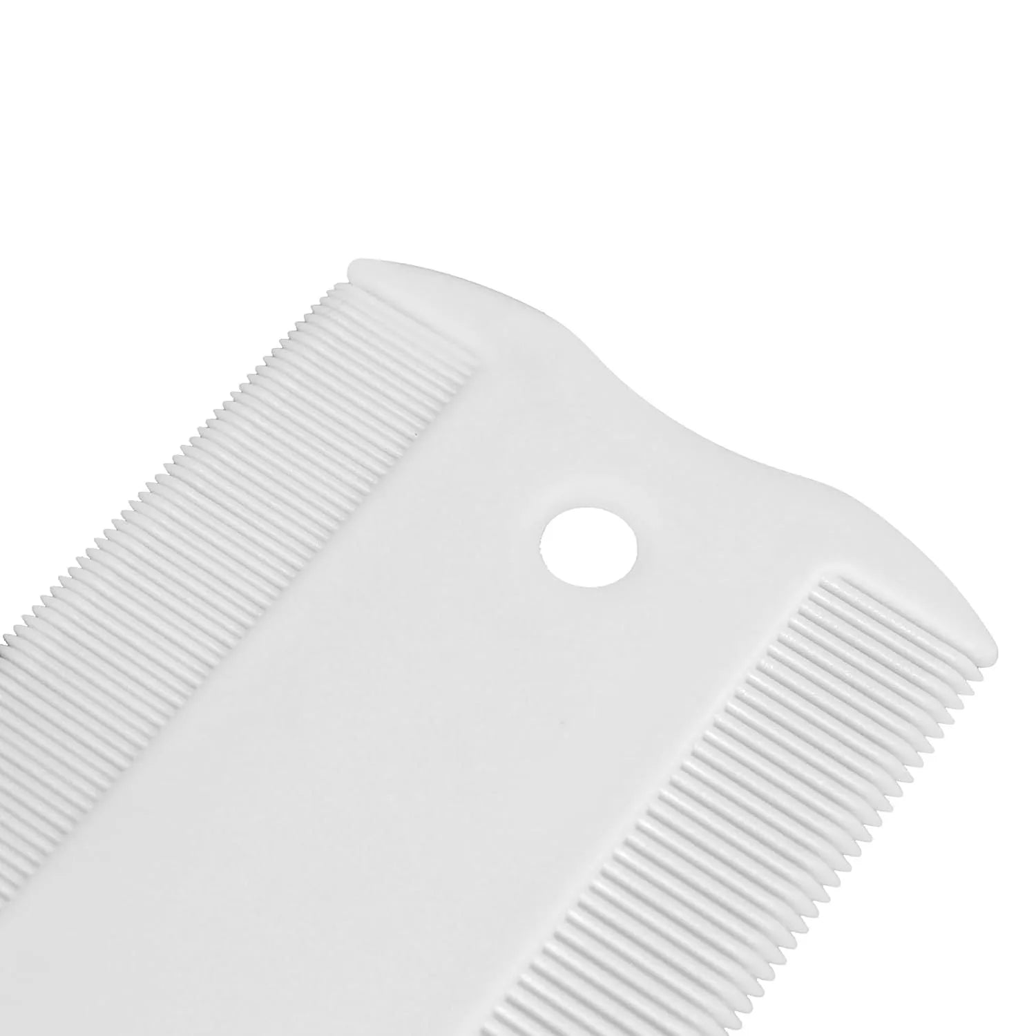 Double-sided plastic flea comb for pets on a white background, showing dense teeth and compact 8.5 cm size.