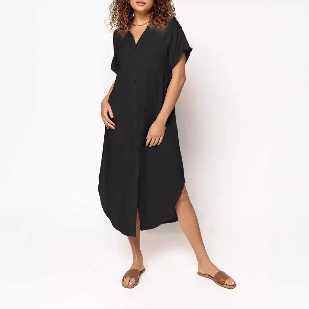 Mid-length casual dress with button front in solid colour, Japanese Korean style with regular sleeves