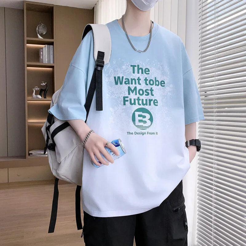 Boys blue Jacquard print letters T-shirt with drop-shoulder short sleeves