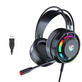 Black wired computer headphones with microphone, showing 3.5mm and USB plug options.