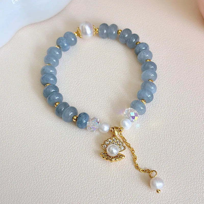Natural aquamarine pearl and shell healing bracelet with adjustable closure