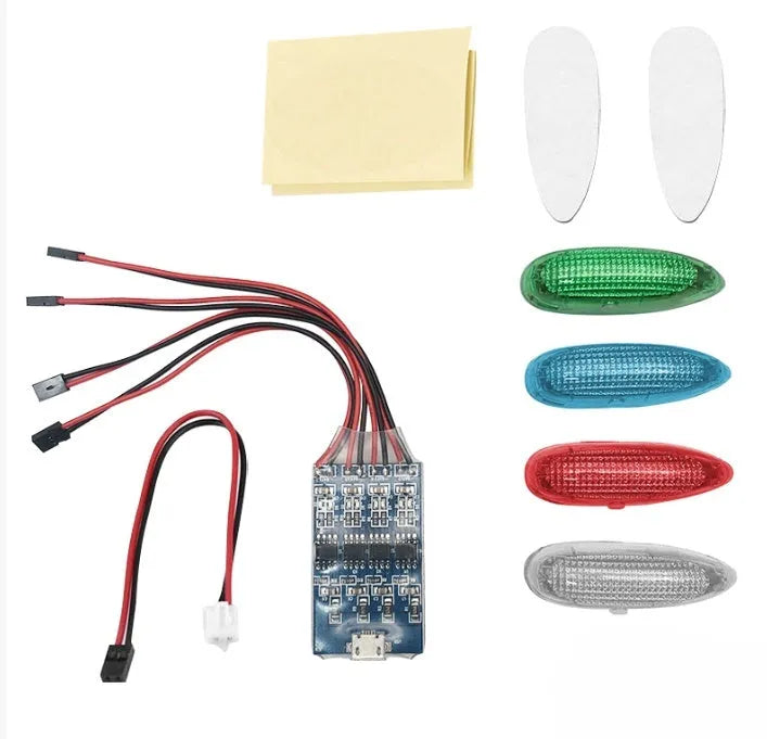 Aviation model running light unit with LED and charger components for fixed-wing aircraft.