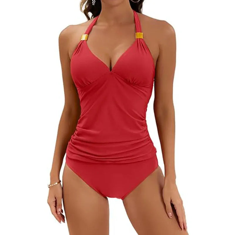 Women's red halter neck two piece swimsuit with tie-side bikini briefs on a mannequin