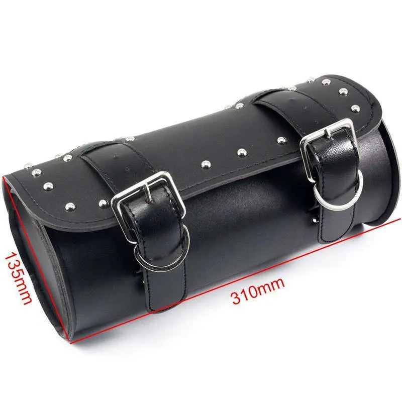 Black PU leather motorcycle bag with tie ropes, size 310x135x135mm, for electric vehicle modification storage