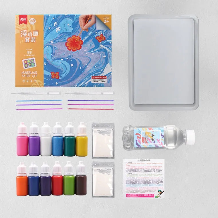 Children's floating painting educational toy kit with gouache pigments, painting liquid, drawing papers and stirring rods