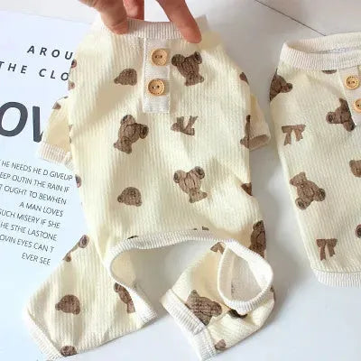 Beige waffle short-sleeve small dog top on a dog, side view, polyester fabric