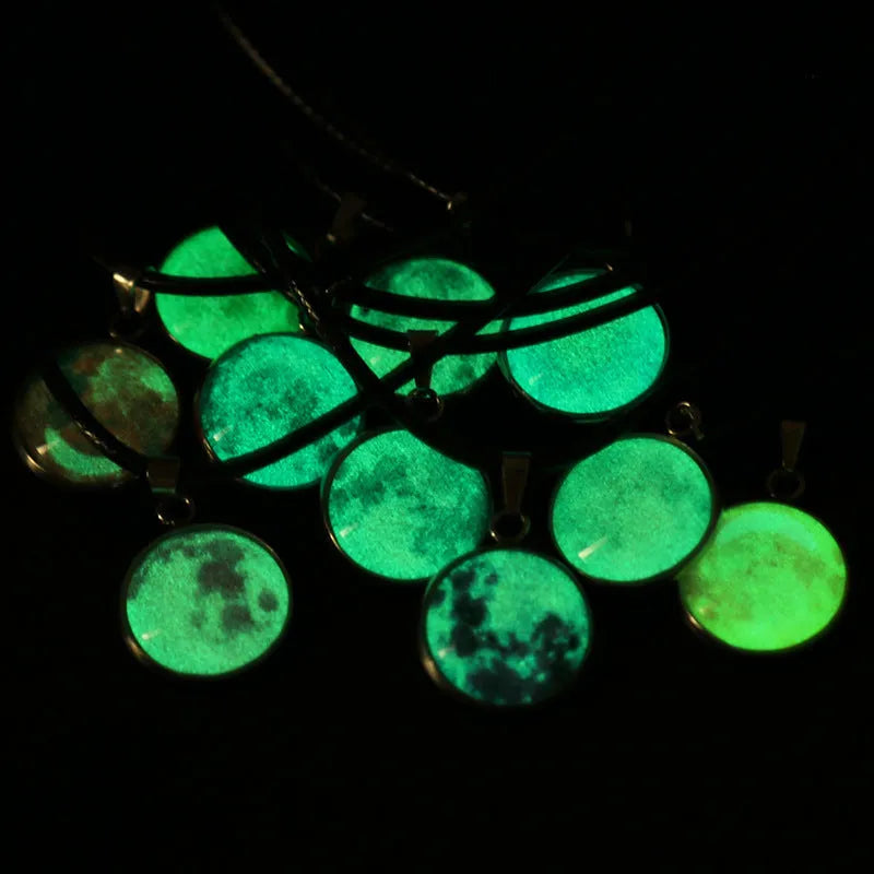 Moon night sky constellation glass pendant on a luminous alloy necklace chain with extension.