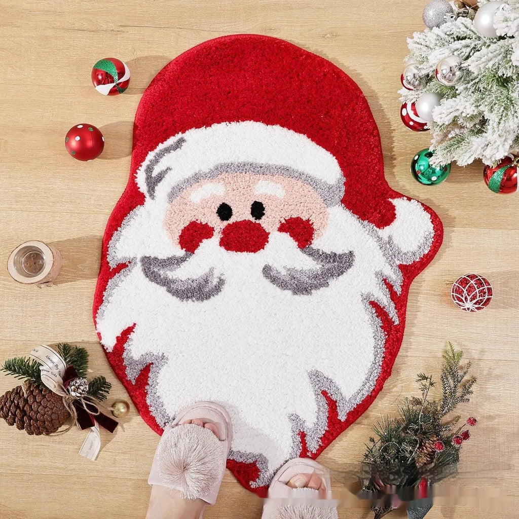 Christmas hallway mat with irregular shape and festive printed designs including Santa Claus pattern