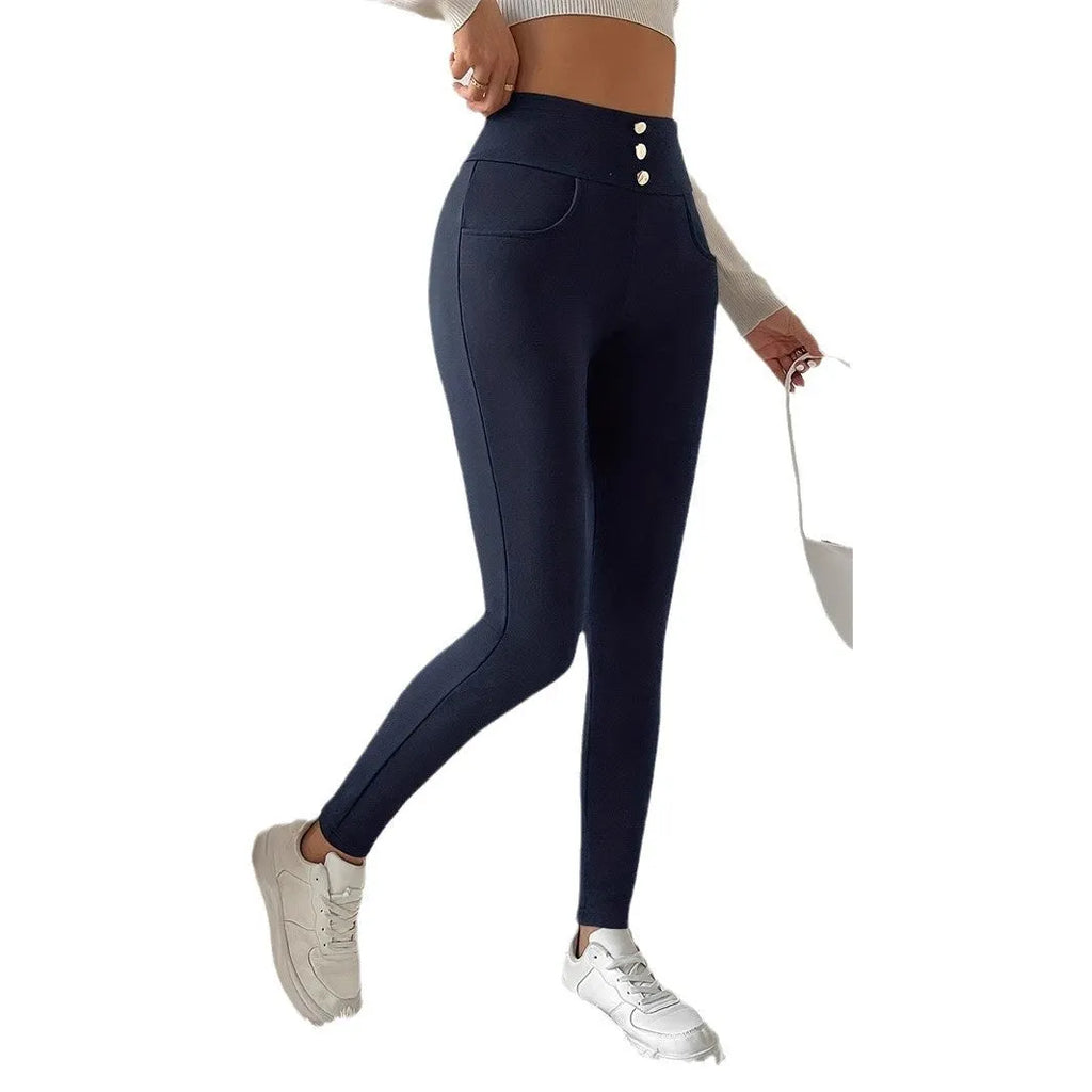 Navy blue women's high-waist straight-leg casual trousers on a hanger