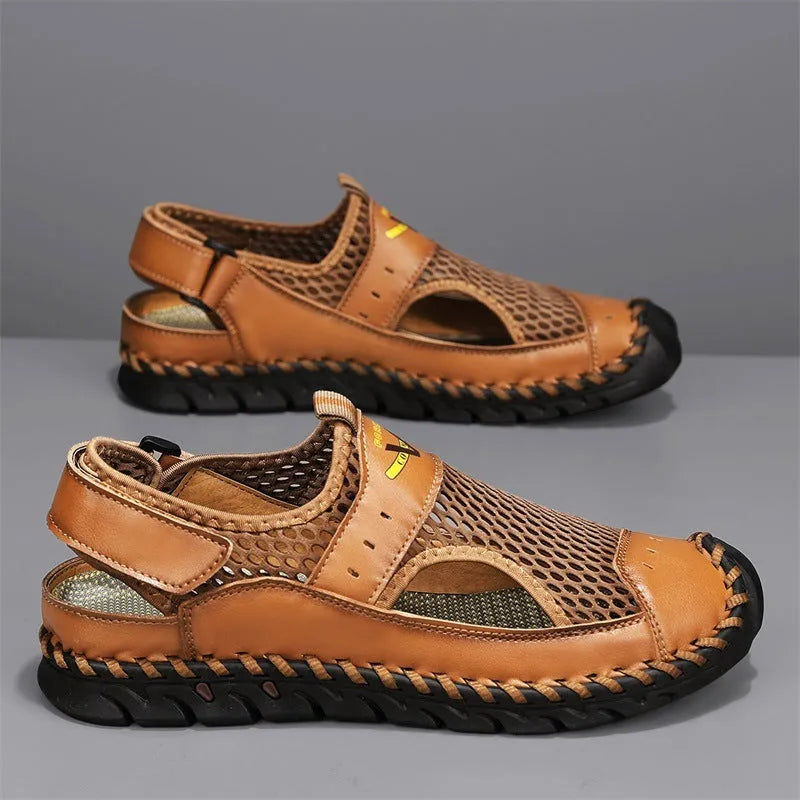 Men's brown leather mesh hollow shoes with round toe and elastic band, showing sewing line details