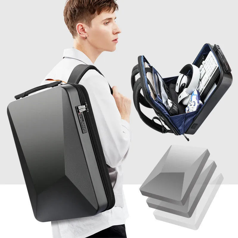 Large gaming backpack with hard PC shell, built-in lock, and double shoulder straps in Titanium Gold and Silver