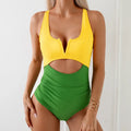 Women's contrast colour block one-piece swimsuit in nylon fabric.
