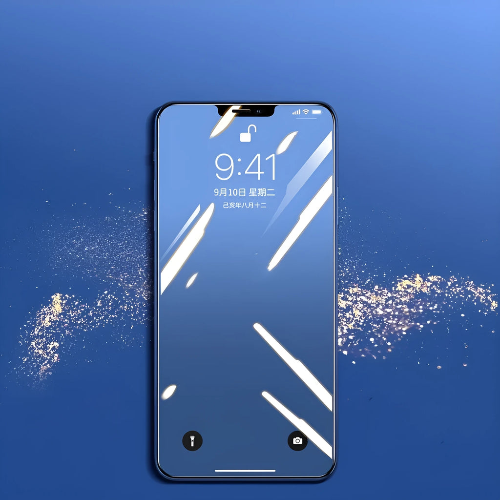 Tempered glass iPhone screen protector showing anti-fingerprint and scratch-resistant properties