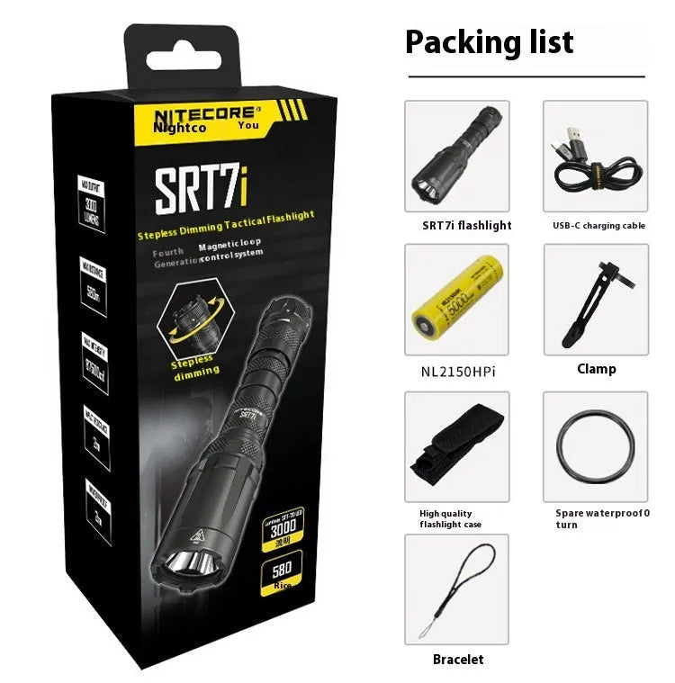 SRT7I standard tactical flashlight with strong light, aluminium alloy body, and magnetic ring dimming