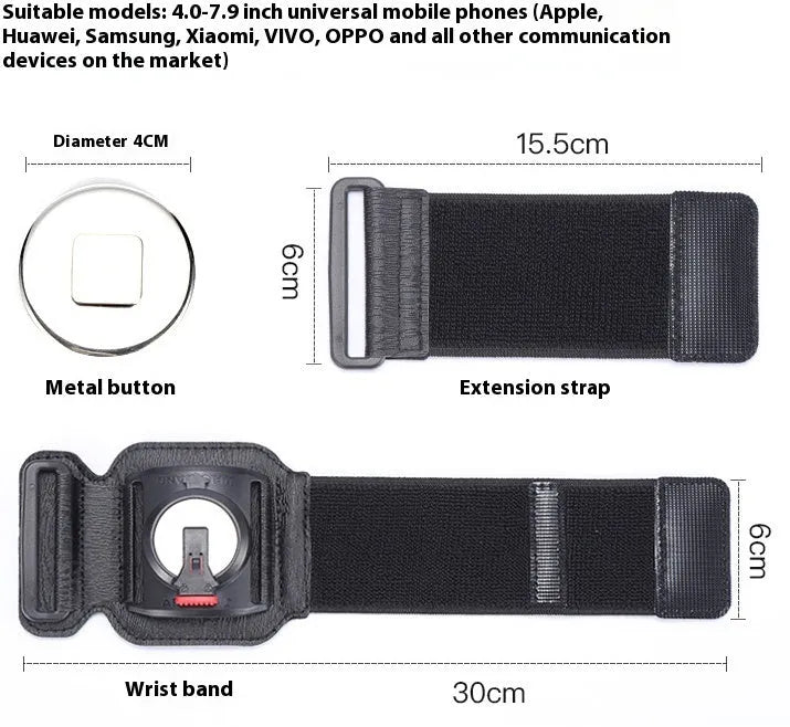 Black mobile phone holder worn on wrist showing smartphone compatibility for delivery and sports use