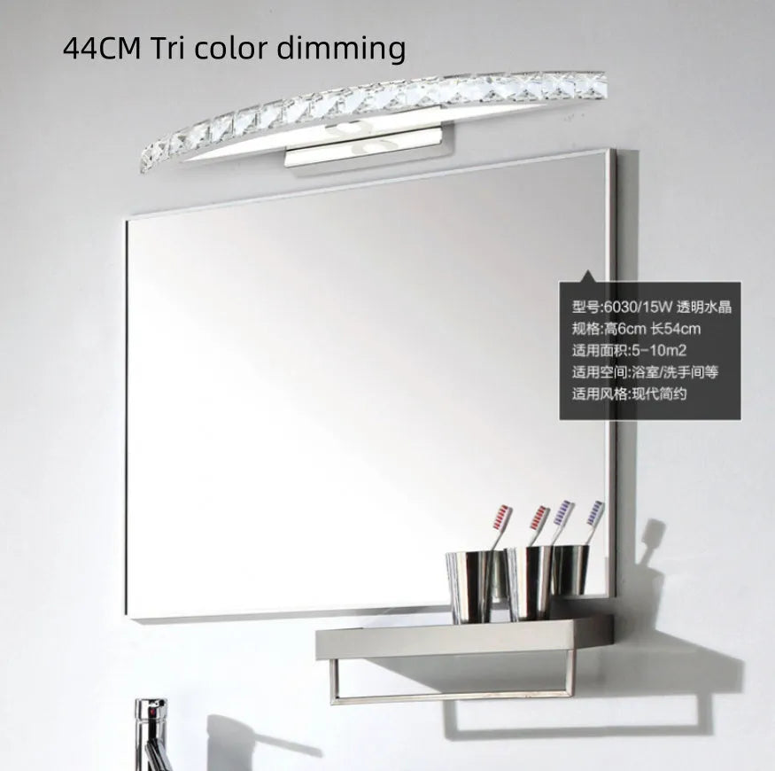 LED bathroom wall lamp with crystal mirror headlight, stainless steel hardware, available in 44cm 54cm or 70cm arc length