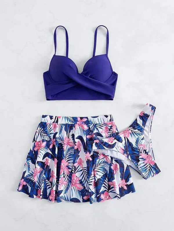Women's high waist three-piece split bikini swimsuit set in polyester on a mannequin.