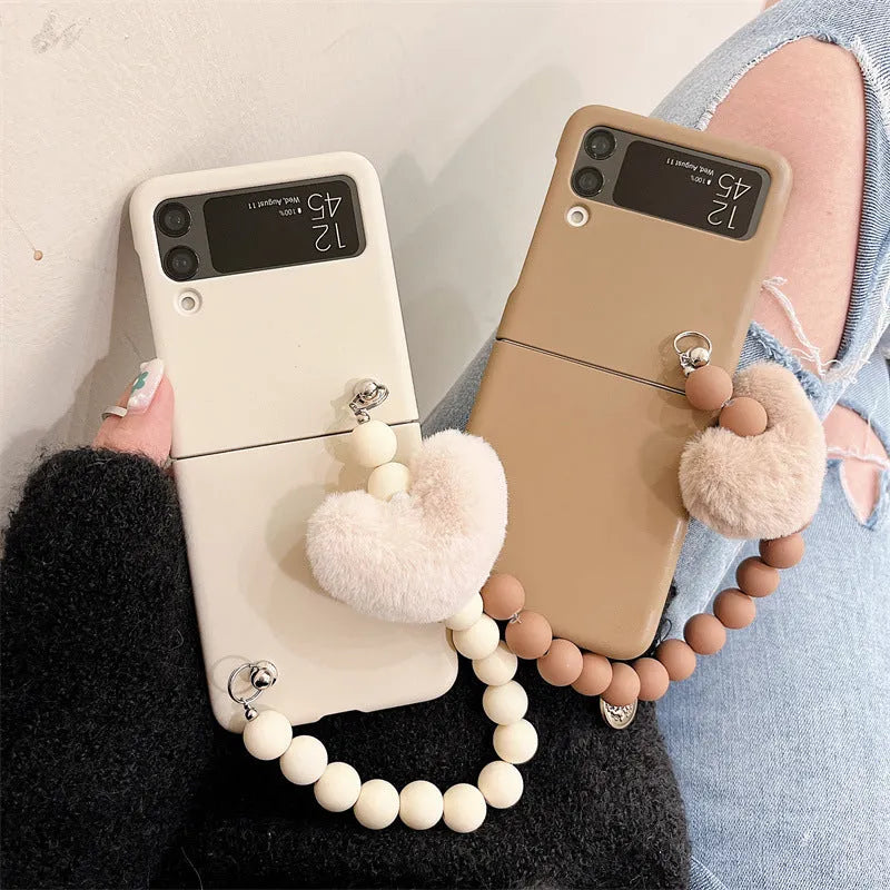 Love bracelet split hard phone case for Samsung Z Flip3 in brown TPU back cover with chain