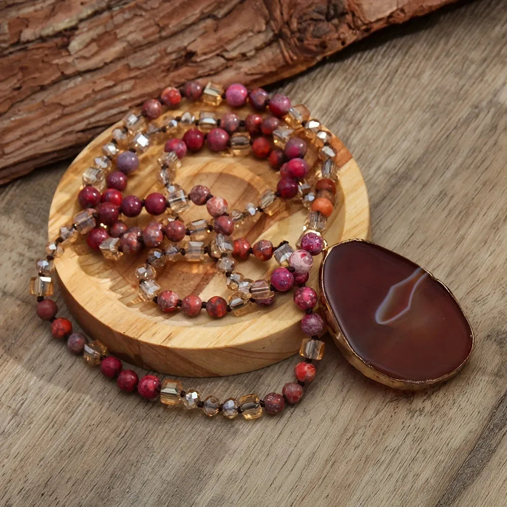 Bohemian natural stone agate water drop pendant necklace with glass beads, available in multiple colours