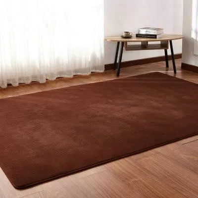Solid colour plush carpet with soft surface and rectangular shape on hardwood floor