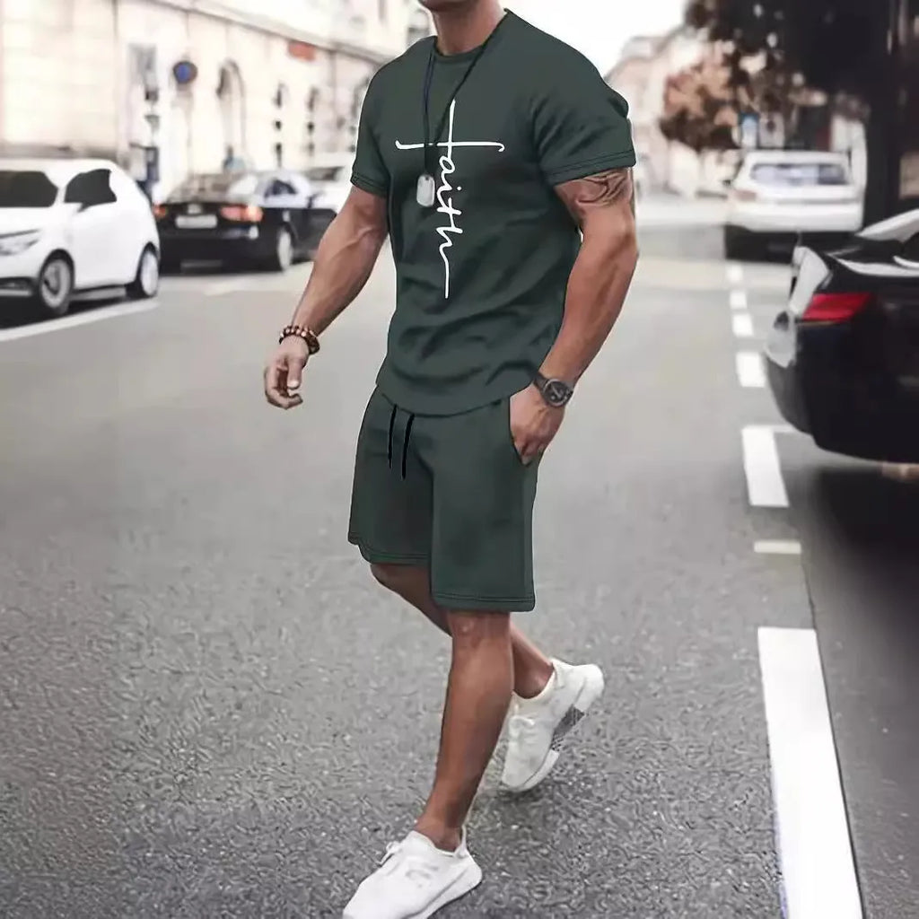 Casual sports suit round neck short sleeve 3D digital print two-piece set polyester fibre summer