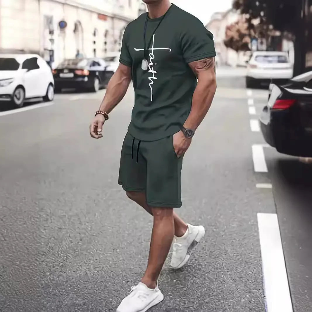 Casual sports suit round neck short sleeve 3D digital print two-piece set polyester fibre summer