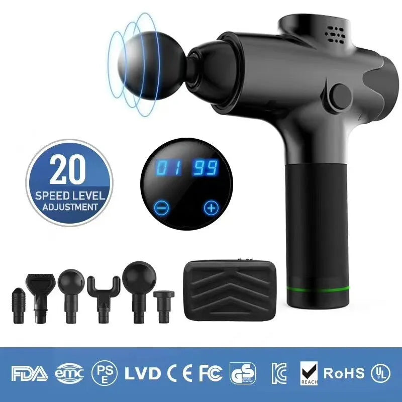 EM03 digital massage gun with LCD screen, six massage heads, and 20 speed levels in black finish