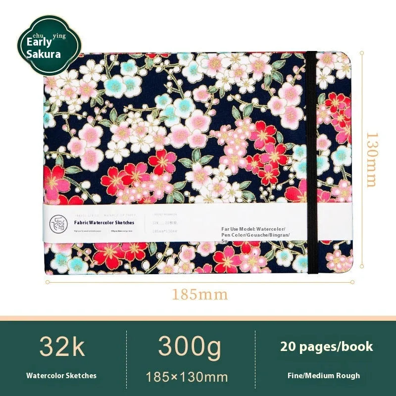 Feiluniao handmade fabric watercolour notebook with illustrated cover, open to show blank paper pages.