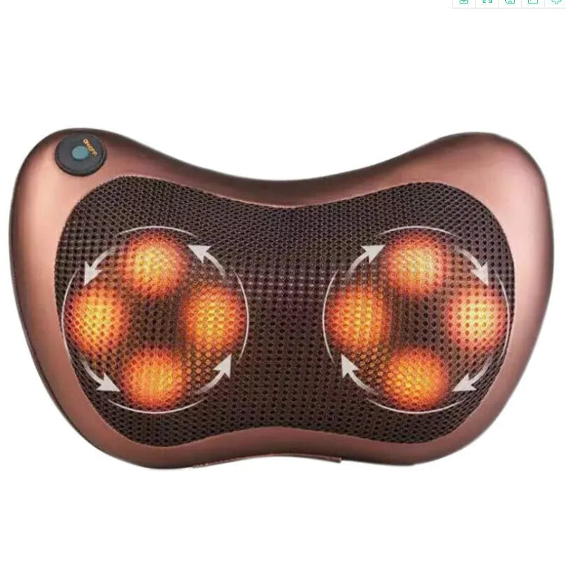 Brown genuine leather massage pillow with 8 heads for neck and shoulder relief