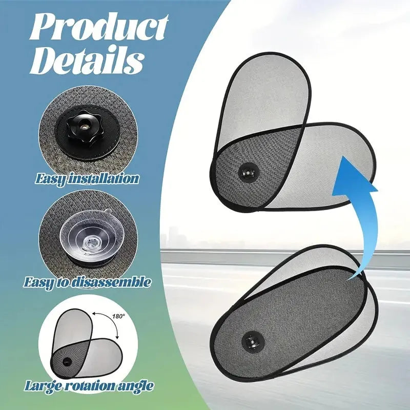 Black breathable car window shade with suction cups attached to a car side window for baby sun protection