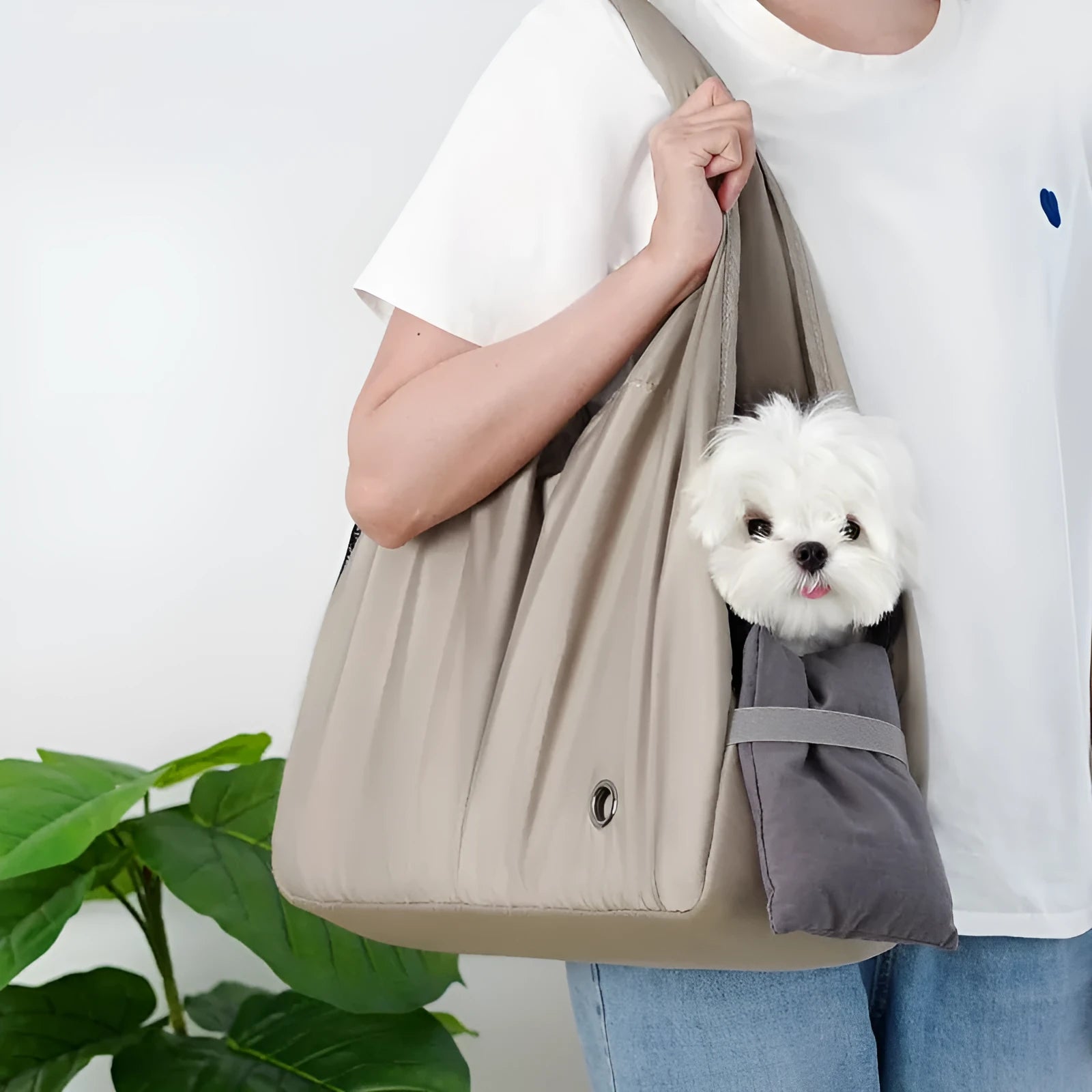 Apricot cloth pet carrier handbag with breathable fabric and carrying straps
