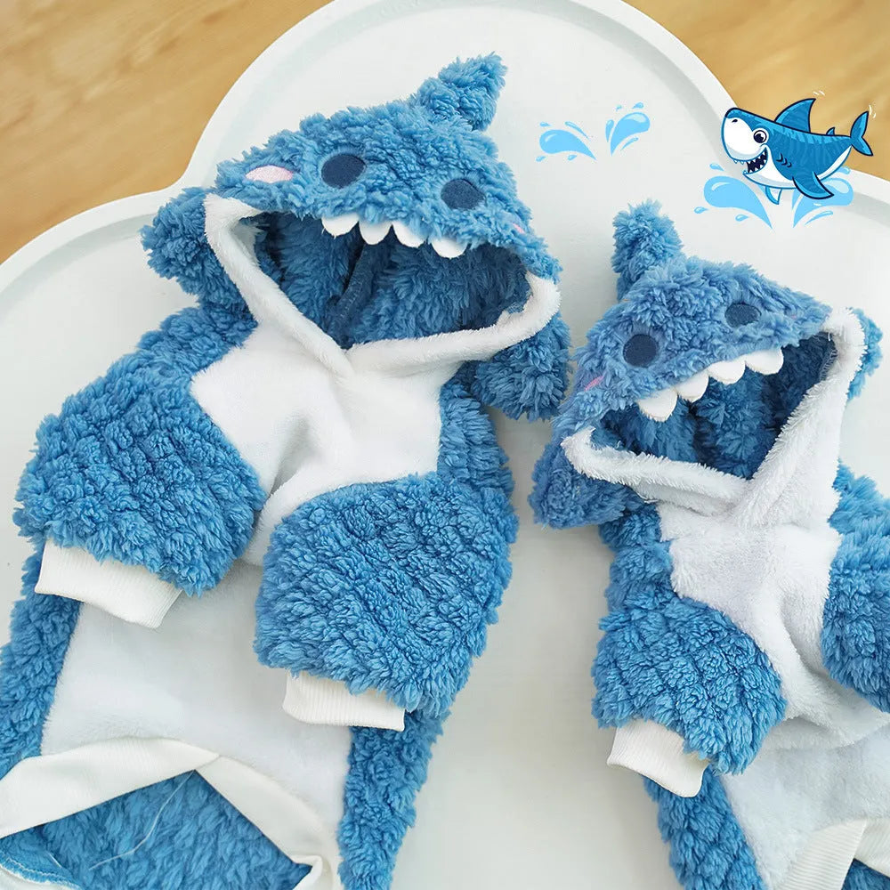 Sea blue shark plush pet costume for dogs and cats with thickened polyester material