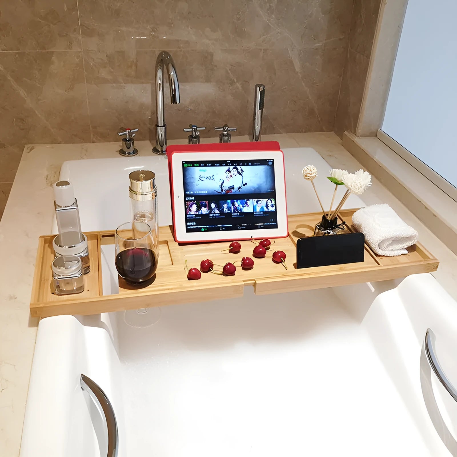Bamboo retractable bathtub storage rack with single layer and European style finish on a white bathtub