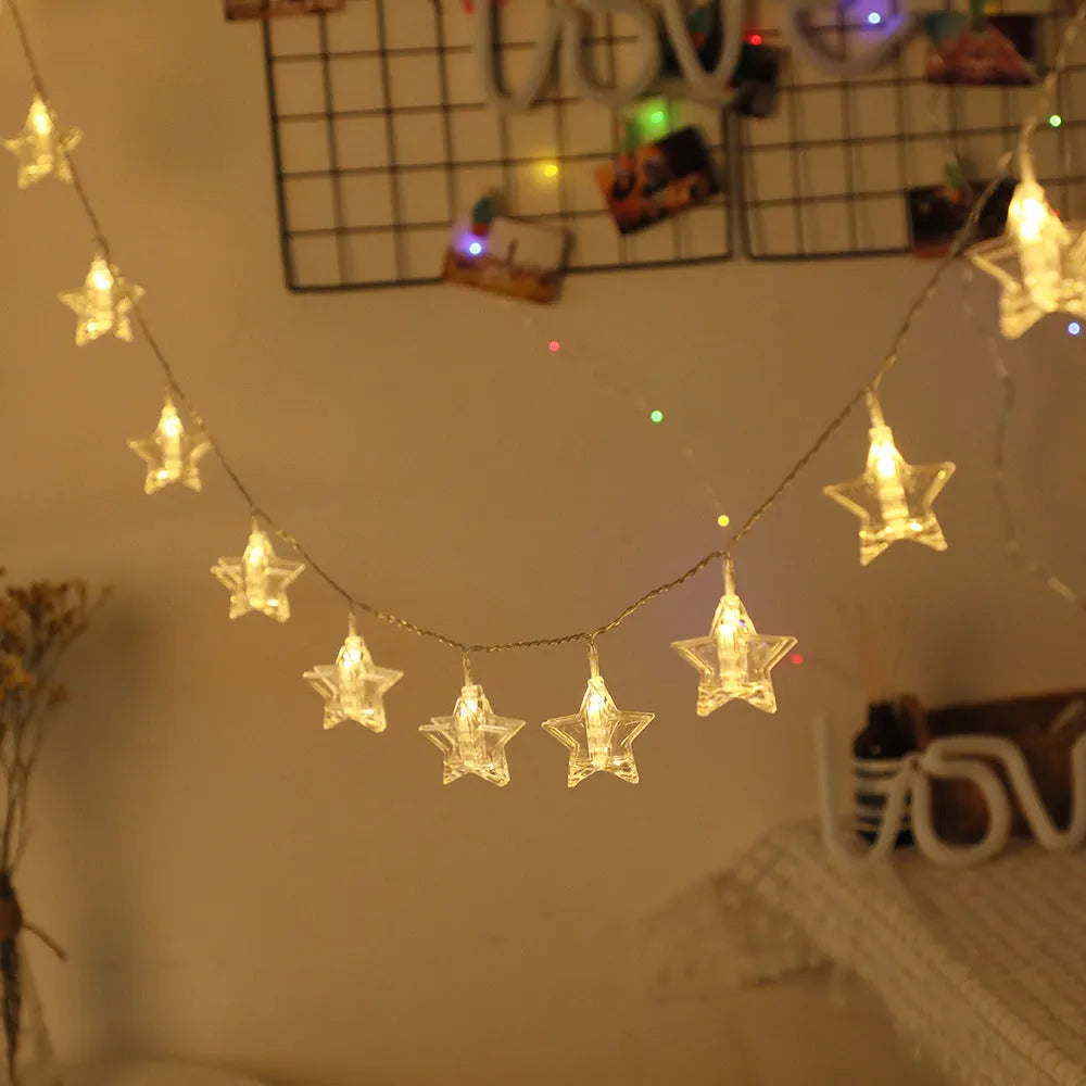 LED star clip string lights with warm white or colour LEDs in 3 metre length for room decoration