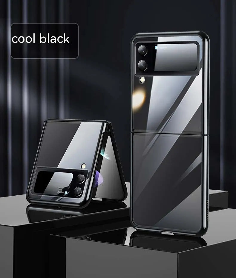 Hard PC transparent electroplating back cover phone case for Samsung Z Flip 3 5G, Z Flip 4, and W23 Flip in black, blue, and silver