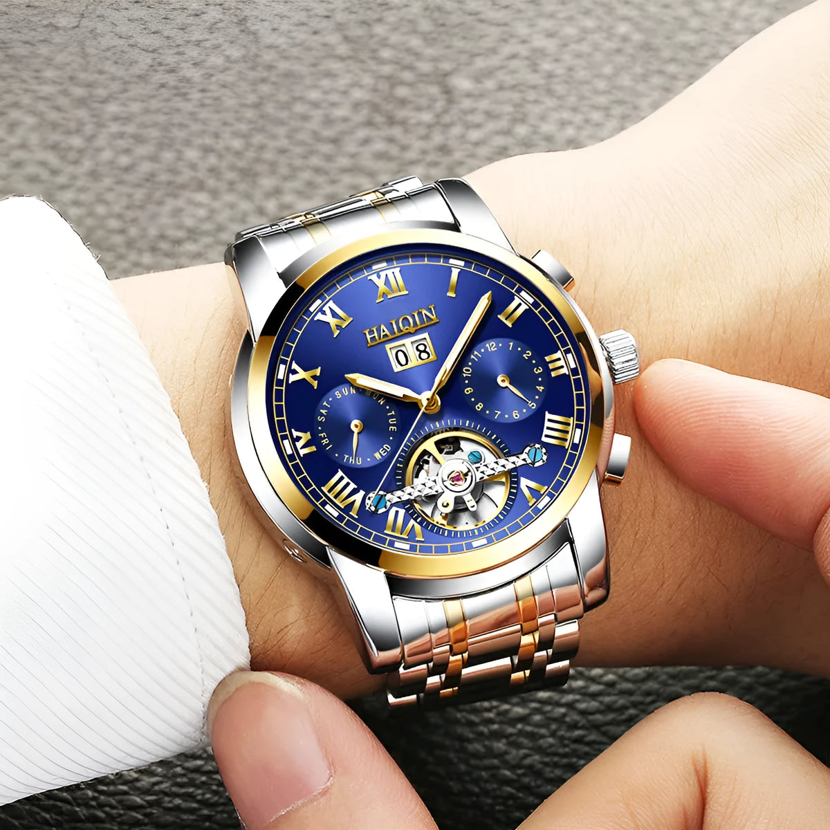 Men's waterproof luminous hollow tourbillon automatic mechanical watch with stainless steel strap and 42mm case