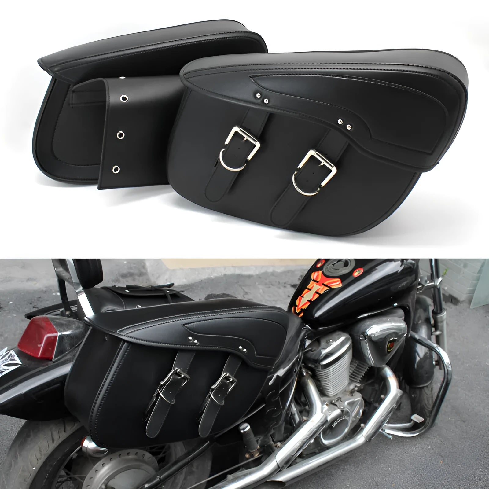 Retro style black PU leather motorcycle side box saddle bag mounted on a bike.