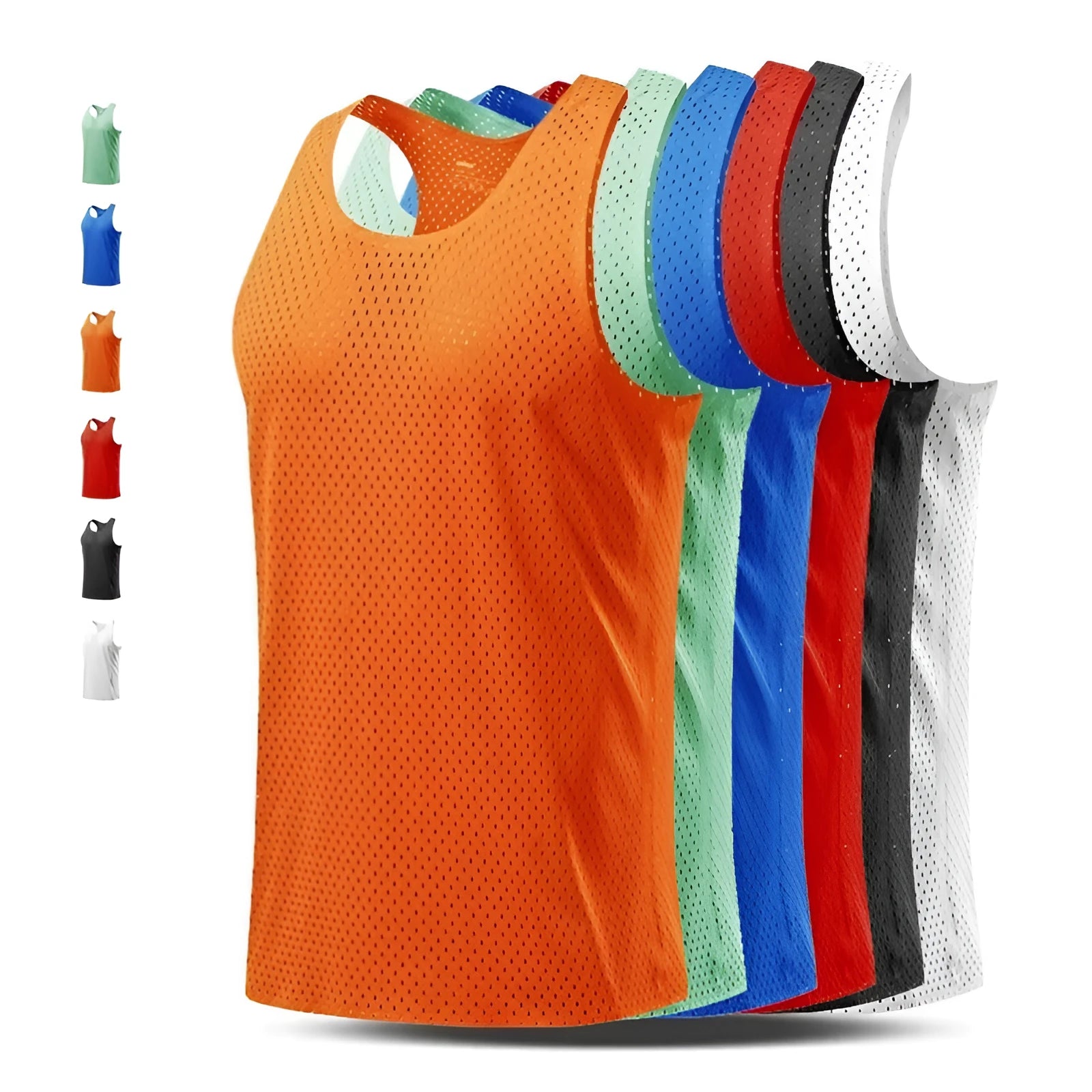 Men's solid colour sleeveless sports vest in polyester fabric on a plain background
