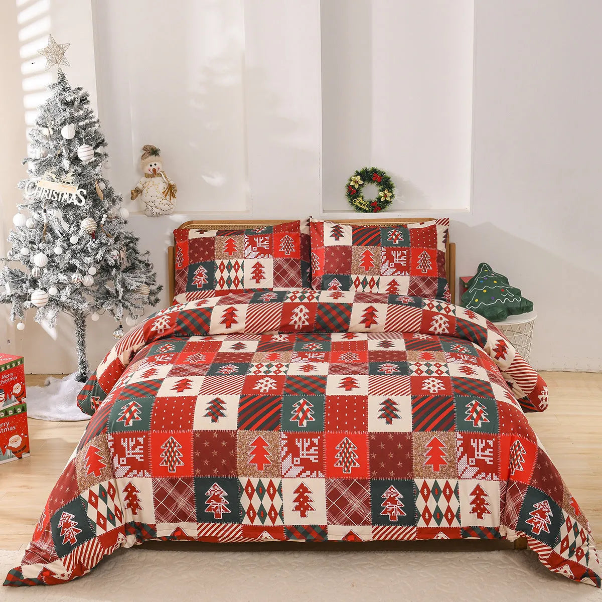 Christmas red plaid pattern three-piece bedding set with quilt cover and pillowcases
