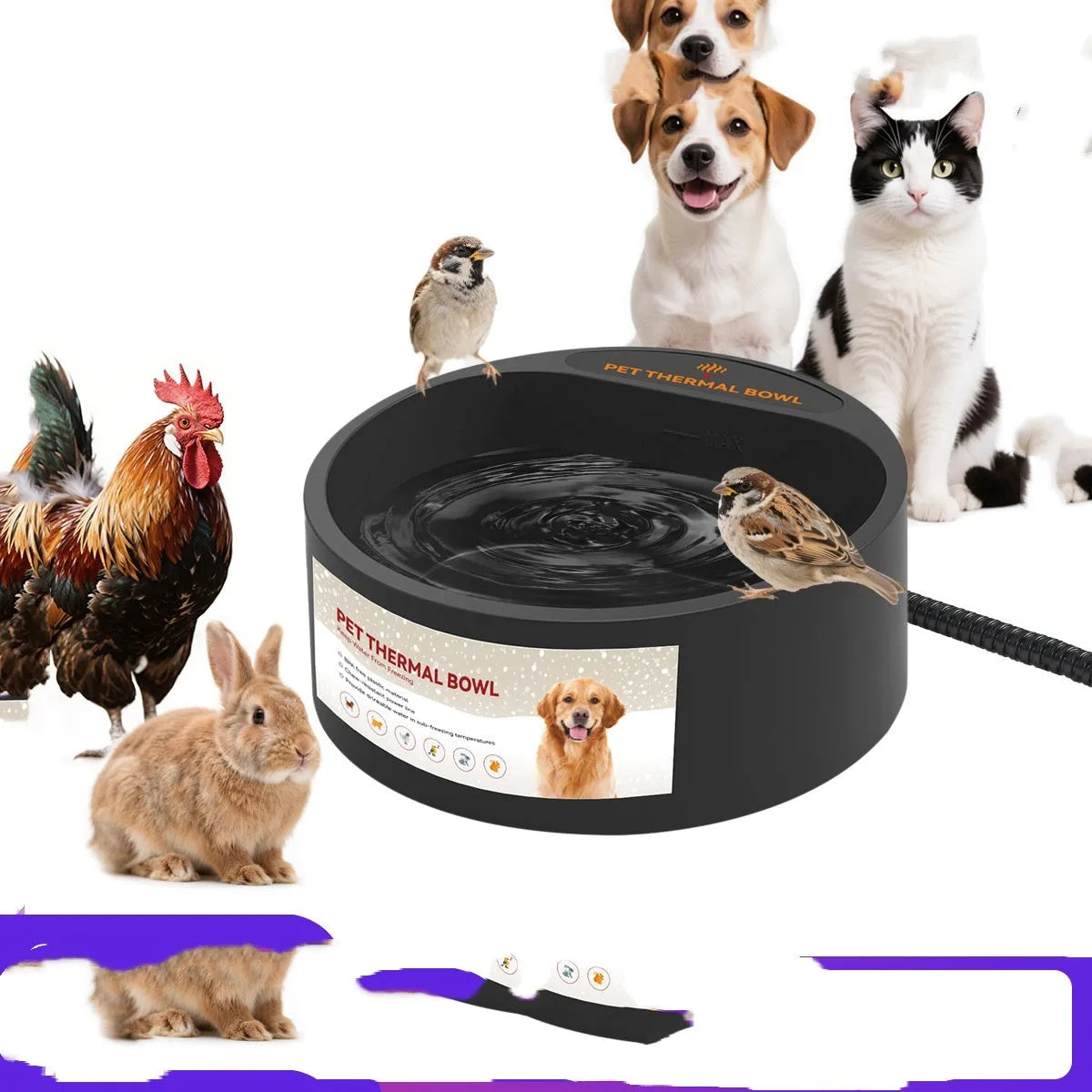 Black ABS plastic heated pet bowl with 2.2L capacity and power cord.