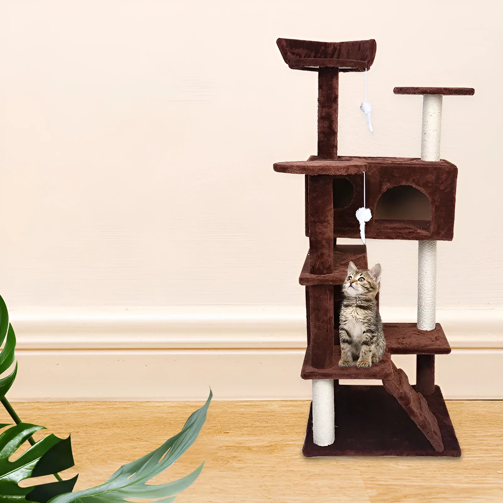 Cat climbing frame luxury villa with sisal posts, density board base, and plush cloth platforms, 50x50x137cm, suitable for 1-3 cats